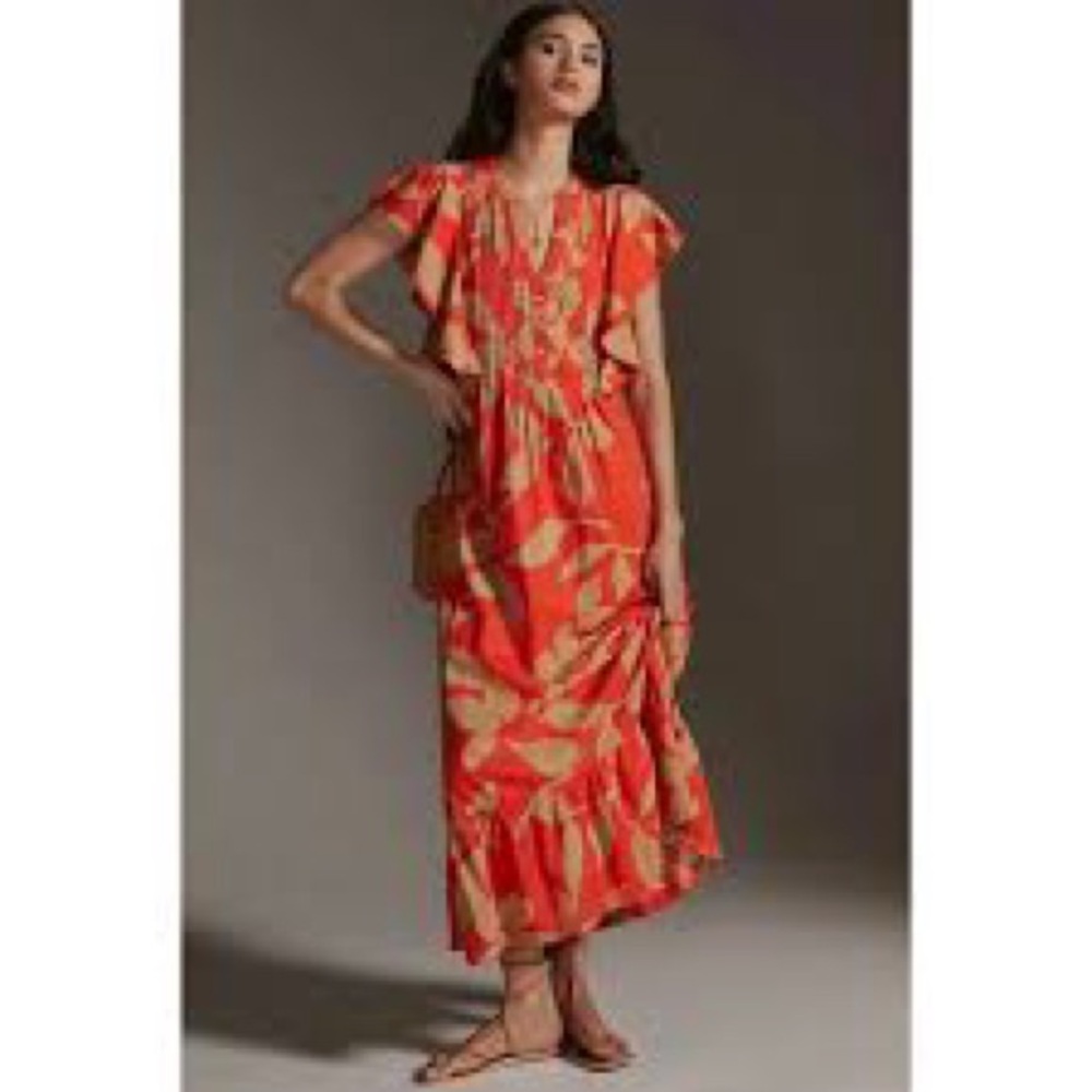 Anthropologie Maeve Red and Beige Floral Maxi Dress